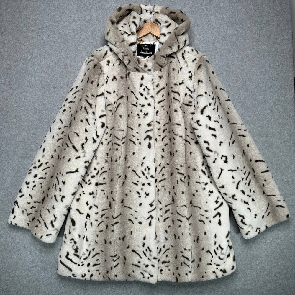 Dennis Basso Faux Fur Snow Leopard Hooded Coat 2X Y2K 2000s Luxury Plush